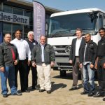 The team to make SA truckers proud – from left: Fast n Fresh driver, Basil Bailey; Fleetboard regional sales manager, Rowlands Peters; driver trainer Dennis Jolliffe; operations director Imperial Logistics Refrigeration Services, Attie Lubbe; MBSA Fleeboard manager, Pascal Weiss; Fast n Fresh driver, Pieter Adriaanse; and Fleetboard South Africa technical specialist Naveen Sook.