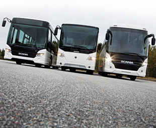Grouped together for this photograph, the family resemblence between Scania’s Citywide, OmniExpress and Touring models is clearly evident