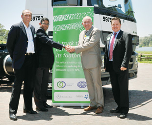 From left: Frank Wagner, CEO Unitrans Supply Chain Solutions; Ray Singh, managing director of customer solutions development for Unitrans Supply Chain Solutions; Kobus van Zyl, vice-president of commercial vehicles, Mercedes-Benz South Africa; Clinton Savage, divisional manager Mercedes-Benz Trucks, Mercedes-Benz South Africa.