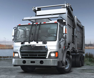 International’s new LoadStar (with a capital “S”) revives a name from the past. Note the dual steering  on this front-loading  refuse compactor  artist’s impression.