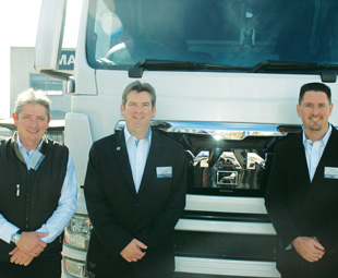 From left: Warren Atkinson, deputy centre leader for Centre South; Mark Gavin, national truck sales manager; and Brenden Duthie, management board member for MAN Truck and Bus responsible for Centre South, are justifiably proud of the MAN TGS EfficientLine.