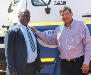 Andries Ndlehe and Sheldon Mayet with one of Leeu Transport’s 19 trucks.