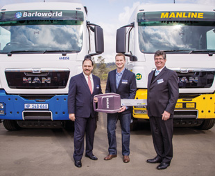 The ceremonious handover of the 215 MAN TGS trucks, from left: Bruce Dickson, CEO of MAN Truck & Bus SA; Neil Henderson, CEO of BWTS; and Geoff du Plessis, executive chairman of MAN Truck & Bus SA.