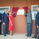 Revealing the plaque from left: Mike Hall-Jones, Key Pietermaritzburg MD; Colin Cowie, chairman of the GM Childlife Foundation; Gishma Johnson, GMSA corporate communications manager; Siyanda Secondary School principal, Selby Madlala; and Grace College principal, Vincent Luksich.