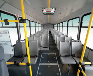 The standard 12,3-m long bus will accomodate 65 seated and 28 standing passengers.