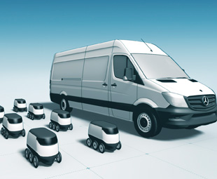 Two options for future package delivery are the use of drones (opposite) or robots (right). Both operate autonomously and use the van as their base.