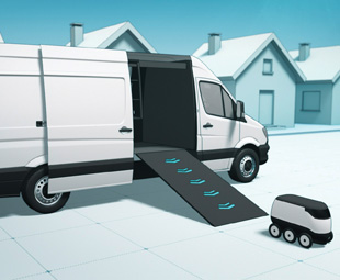 Two options for future package delivery are the use of drones (opposite) or robots (right). Both operate autonomously and use the van as their base.